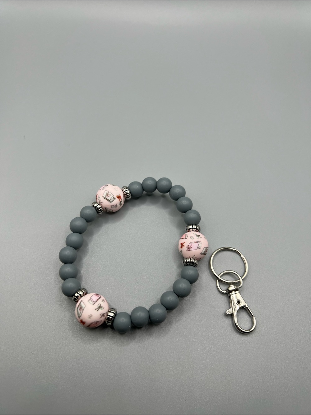 Grey Beaded Wristlet Keychain with Pink Books Accent Beads - Handmade - K0011C